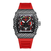 Carlophis K-2104B Men's Luminous Tonneau Quartz Watch - Angola Red Silicone Strap