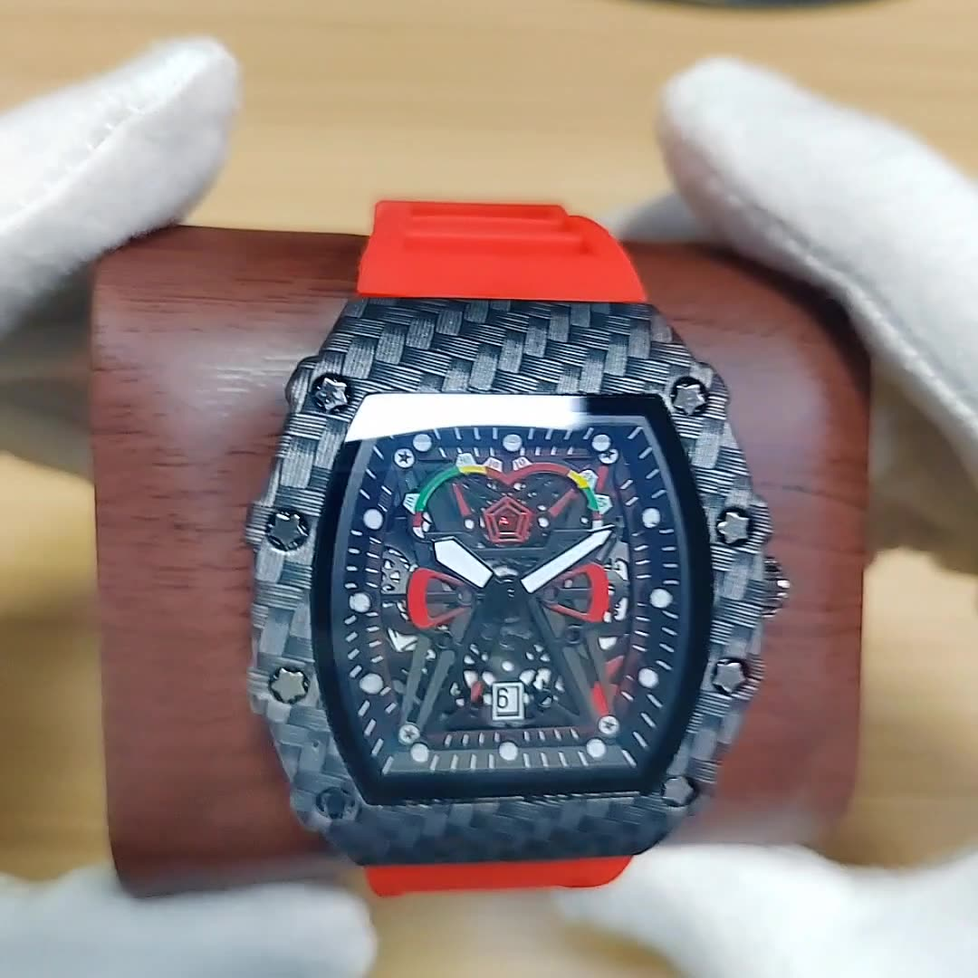 Carlophis K-2104B Men's Luminous Tonneau Quartz Watch - Angola Red Silicone Strap