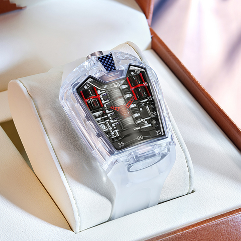 Carlophis Concept Series Men's Engine-Style Transparent Watch - Dual Display
