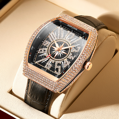 Carlophis K-2132B Gala Iced-Out Tonneau Watch - Unisex & Leather Strap