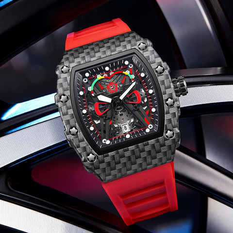 Carlophis K-2104B Men's Luminous Tonneau Quartz Watch - Angola Red Silicone Strap