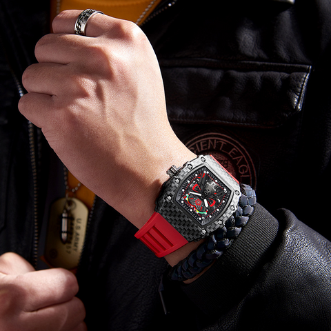 Carlophis K-2104B Men's Luminous Tonneau Quartz Watch - Angola Red Silicone Strap