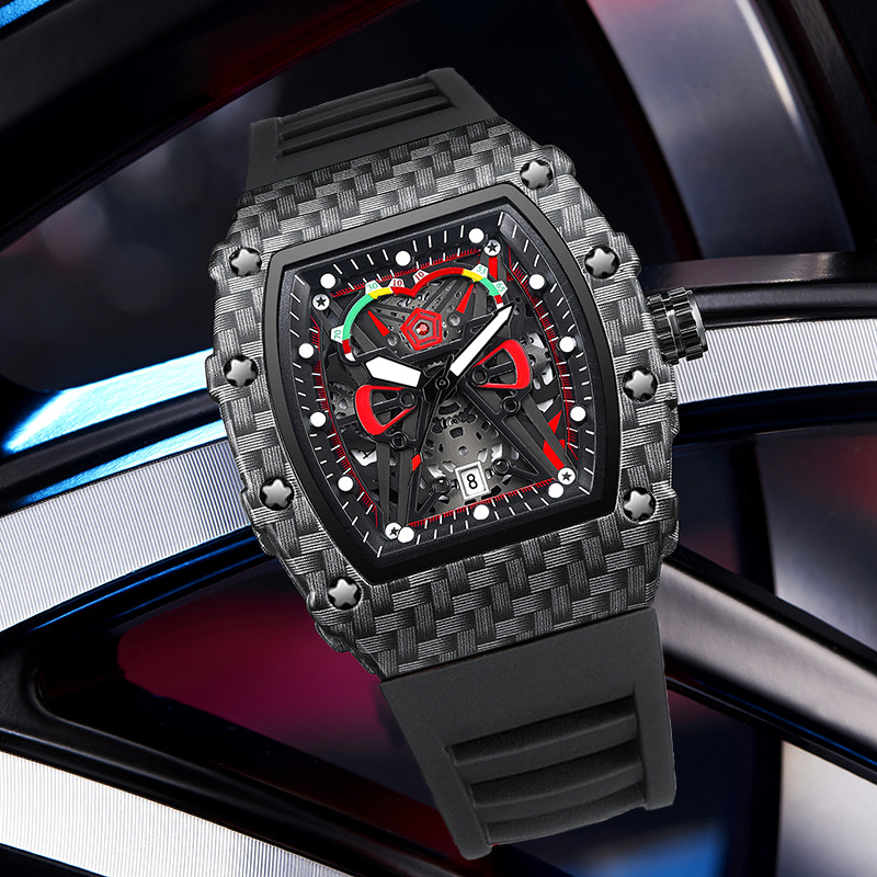 Carlophis K-2104B Men's Luminous Tonneau Quartz Watch - Angola Red Silicone Strap