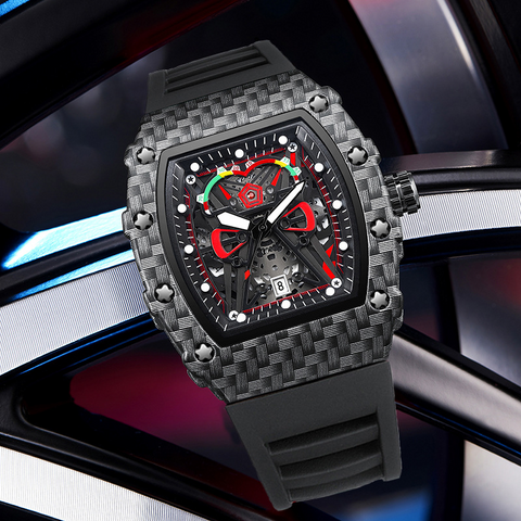 Carlophis K-2104B Men's Luminous Tonneau Quartz Watch - Angola Red Silicone Strap