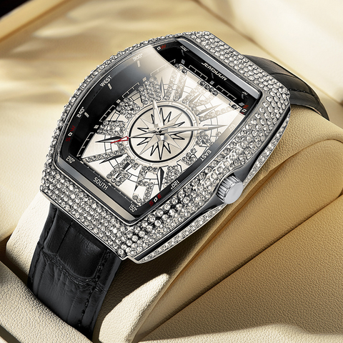 Carlophis K-2132B Gala Iced-Out Tonneau Watch - Unisex & Leather Strap