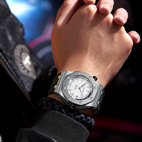 Carlophis K-1221B Orion Hexagonal Watch - Men's & Pixelated Skeleton Dial