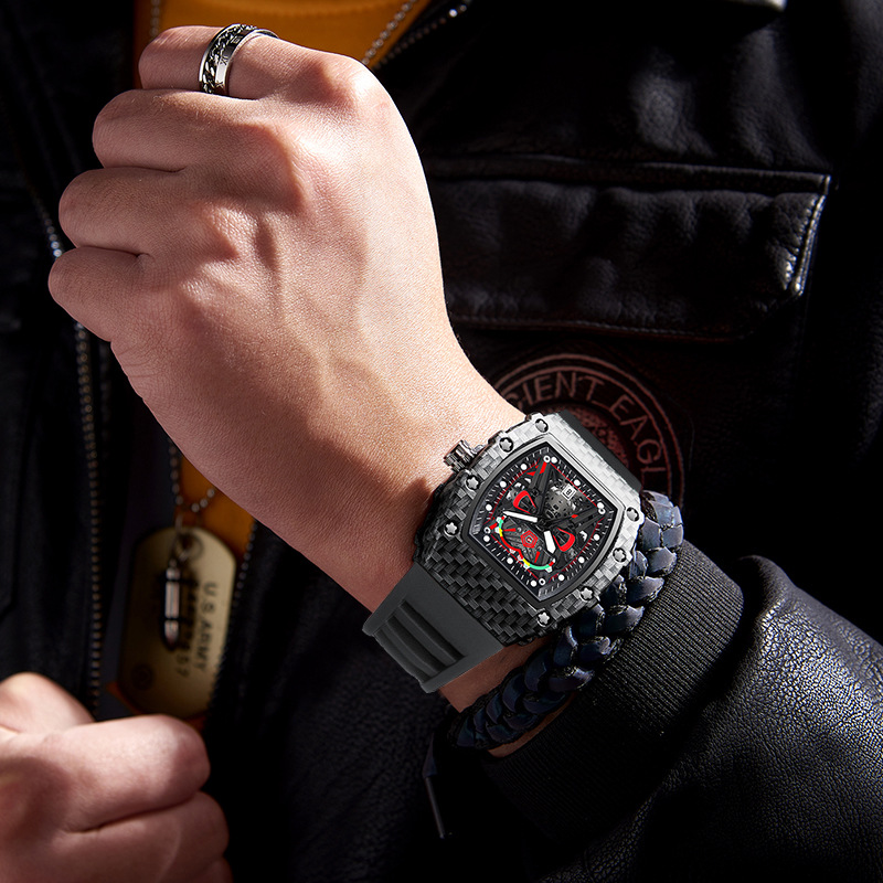 Carlophis K-2104B Men's Luminous Tonneau Quartz Watch - Angola Red Silicone Strap