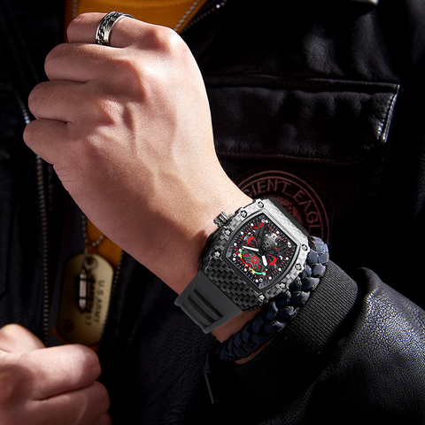 Carlophis K-2104B Men's Luminous Tonneau Quartz Watch - Angola Red Silicone Strap