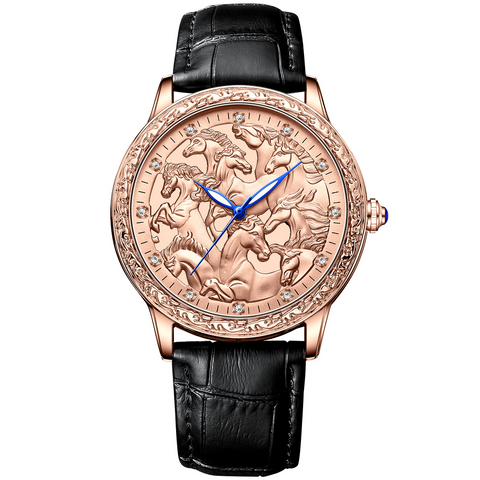 Carlophis K-2196B Unisex 3D Engraved Horse Watch - Artistic & Vintage Style