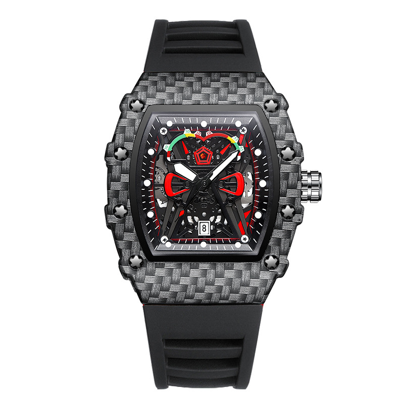 Carlophis K-2104B Men's Luminous Tonneau Quartz Watch - Angola Red Silicone Strap