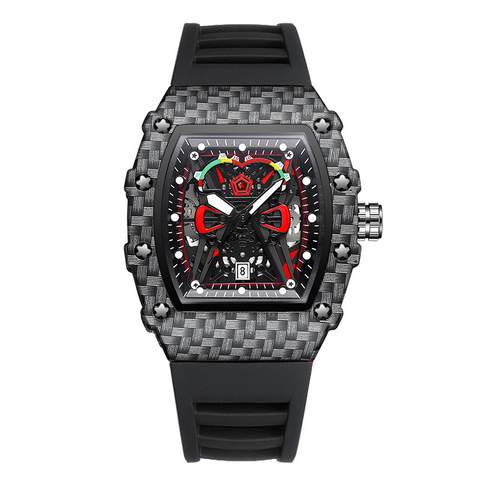 Carlophis K-2104B Men's Luminous Tonneau Quartz Watch - Angola Red Silicone Strap