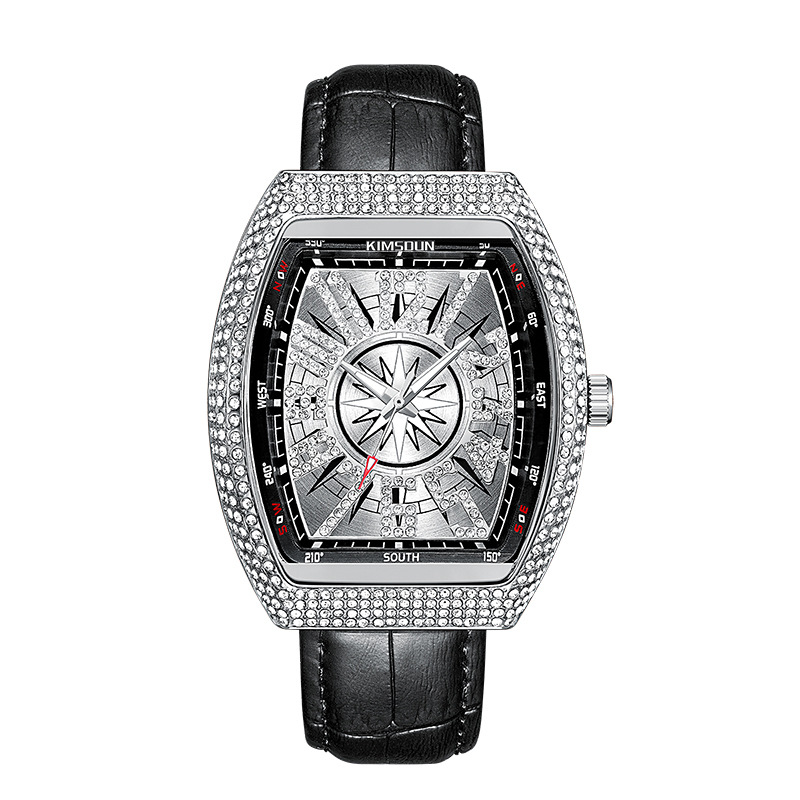 Carlophis K-2132B Gala Iced-Out Tonneau Watch - Unisex & Leather Strap